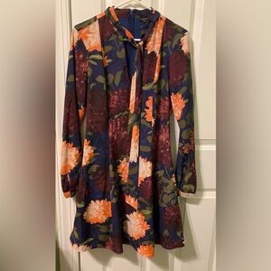 Guess Floral Long Sleeve Dress with Neck Tie and Pockets